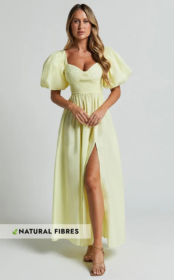 Showpo Raiza Midi Dress 8211 Shirred Waist Puff Sleeve Dress In Lemon Women Dresses Showpo Raiza Midi Dress 8211 Shirred Waist Puff Sleeve Dress In Lemon Women Dresses