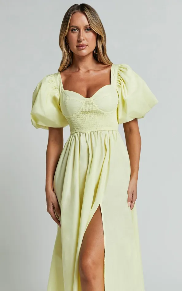 Showpo Raiza Midi Dress 8211 Shirred Waist Puff Sleeve Dress In Lemon Women Dresses