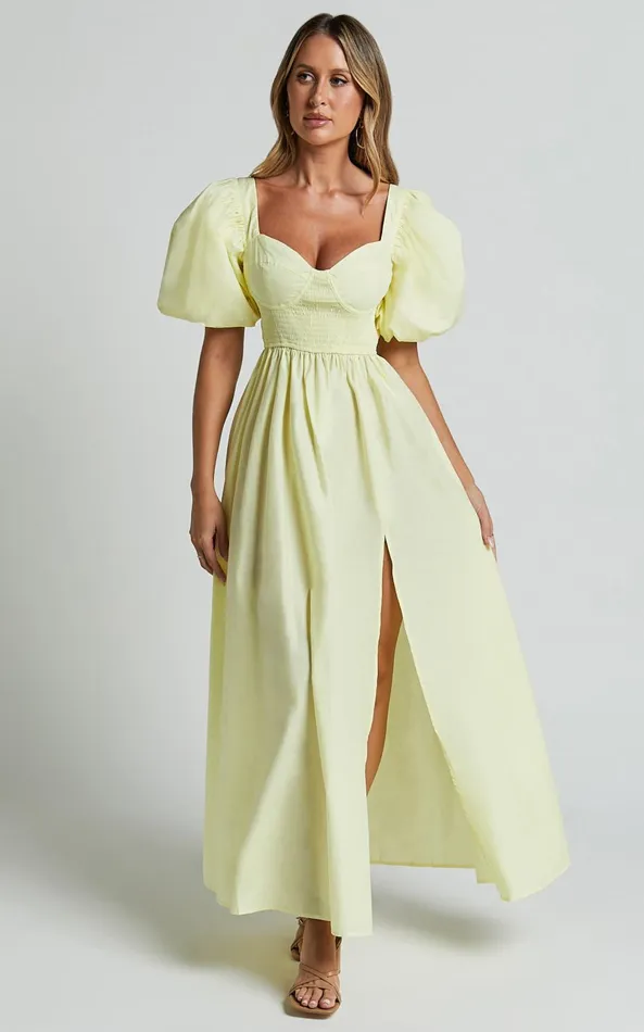 Showpo Raiza Midi Dress 8211 Shirred Waist Puff Sleeve Dress In Lemon Women Dresses