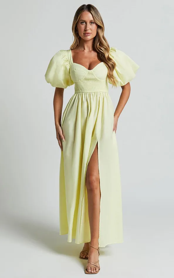 Showpo Raiza Midi Dress 8211 Shirred Waist Puff Sleeve Dress In Lemon Women Dresses