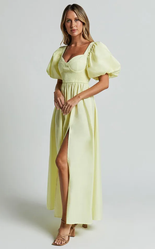 Showpo Raiza Midi Dress 8211 Shirred Waist Puff Sleeve Dress In Lemon Women Dresses