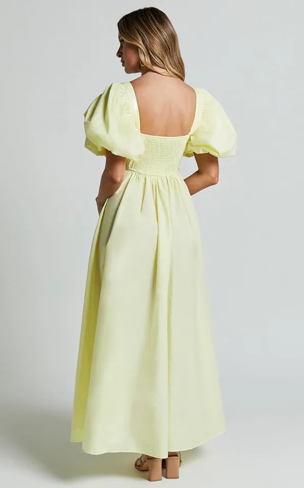 Showpo Raiza Midi Dress 8211 Shirred Waist Puff Sleeve Dress In Lemon Women Dresses