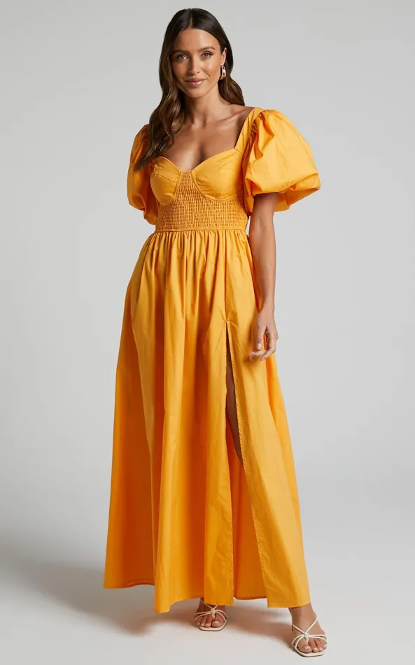 Showpo Raiza Midi Dress 8211 Shirred Waist Puff Sleeve Dress In MARIGOLD Women Dresses