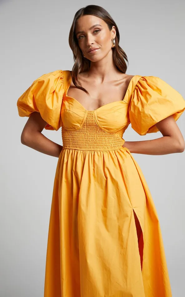 Showpo Raiza Midi Dress 8211 Shirred Waist Puff Sleeve Dress In MARIGOLD Women Dresses