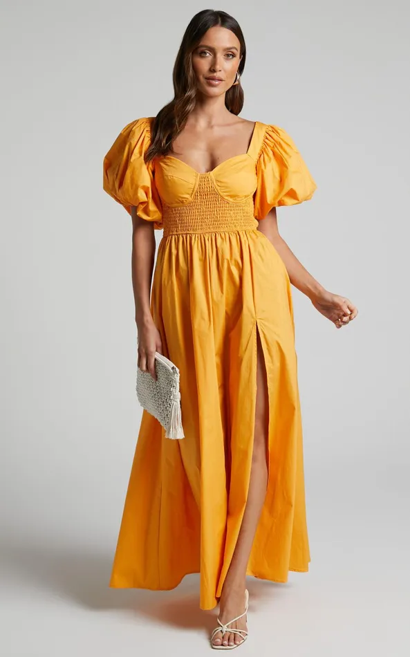 Showpo Raiza Midi Dress 8211 Shirred Waist Puff Sleeve Dress In MARIGOLD Women Dresses