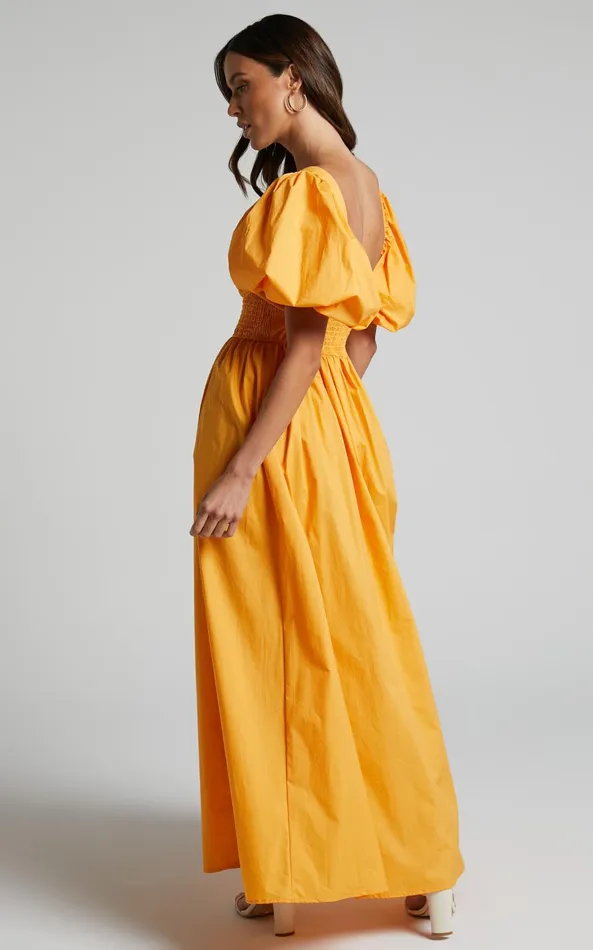 Showpo Raiza Midi Dress 8211 Shirred Waist Puff Sleeve Dress In MARIGOLD Women Dresses