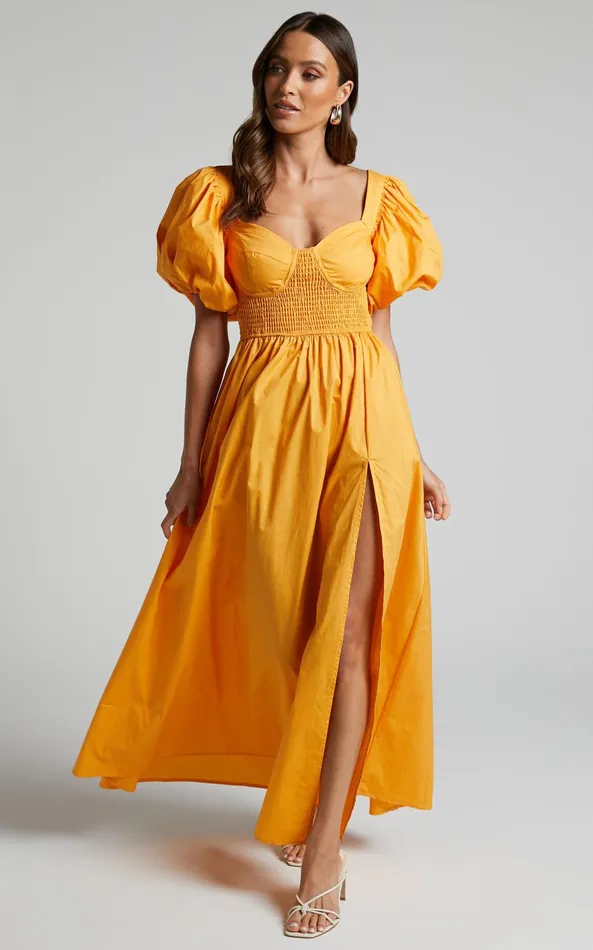 Showpo Raiza Midi Dress 8211 Shirred Waist Puff Sleeve Dress In MARIGOLD Women Dresses