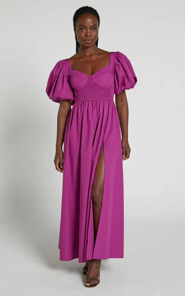 Showpo Raiza Midi Dress 8211 Shirred Waist Puff Sleeve Dress In Orchid Women Curve Clothes