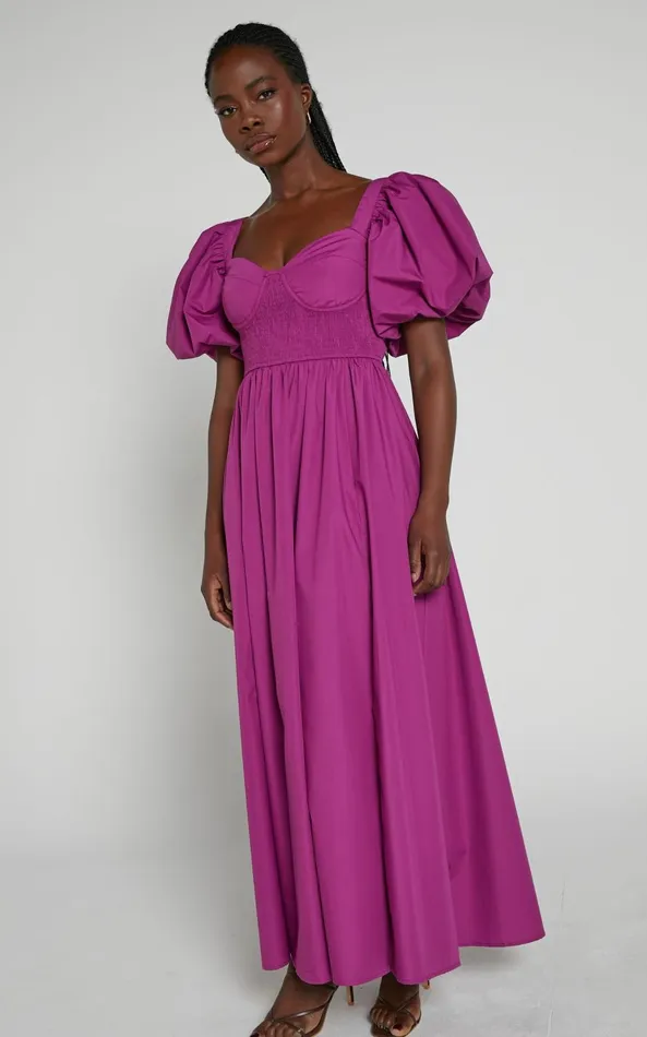 Showpo Raiza Midi Dress 8211 Shirred Waist Puff Sleeve Dress In Orchid Women Curve Clothes