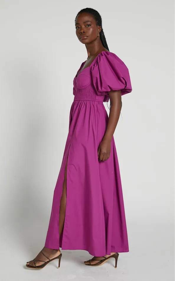 Showpo Raiza Midi Dress 8211 Shirred Waist Puff Sleeve Dress In Orchid Women Curve Clothes