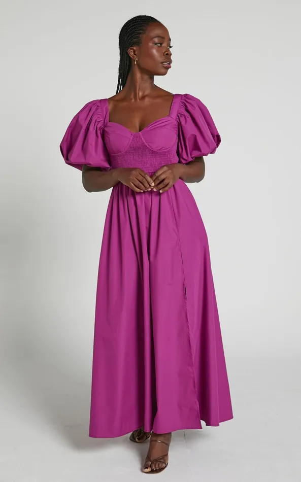 Showpo Raiza Midi Dress 8211 Shirred Waist Puff Sleeve Dress In Orchid Women Curve Clothes