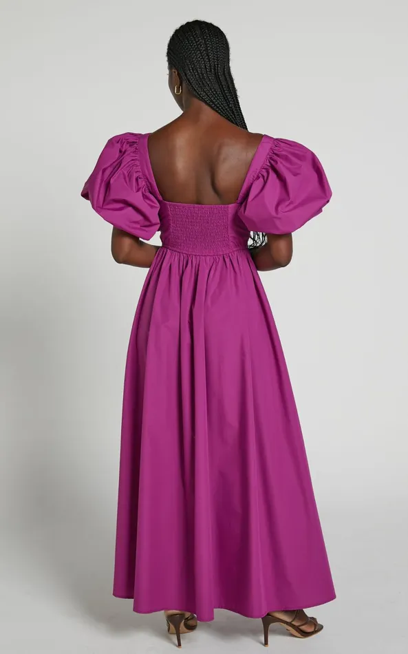 Showpo Raiza Midi Dress 8211 Shirred Waist Puff Sleeve Dress In Orchid Women Curve Clothes