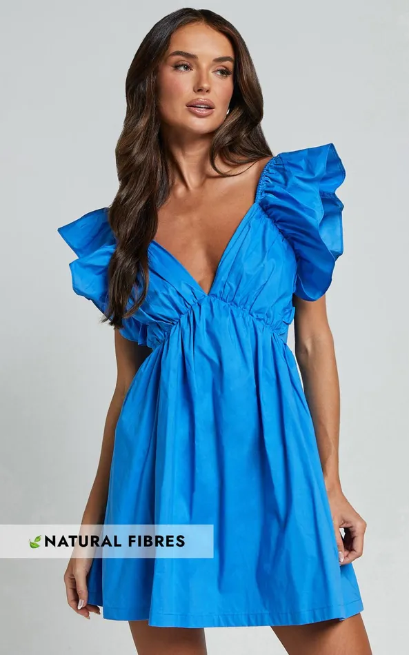 Showpo Raiza Mini Dress 8211 Ruffle Sleeve Tie Back Plunge Dress In Blue Women Dresses