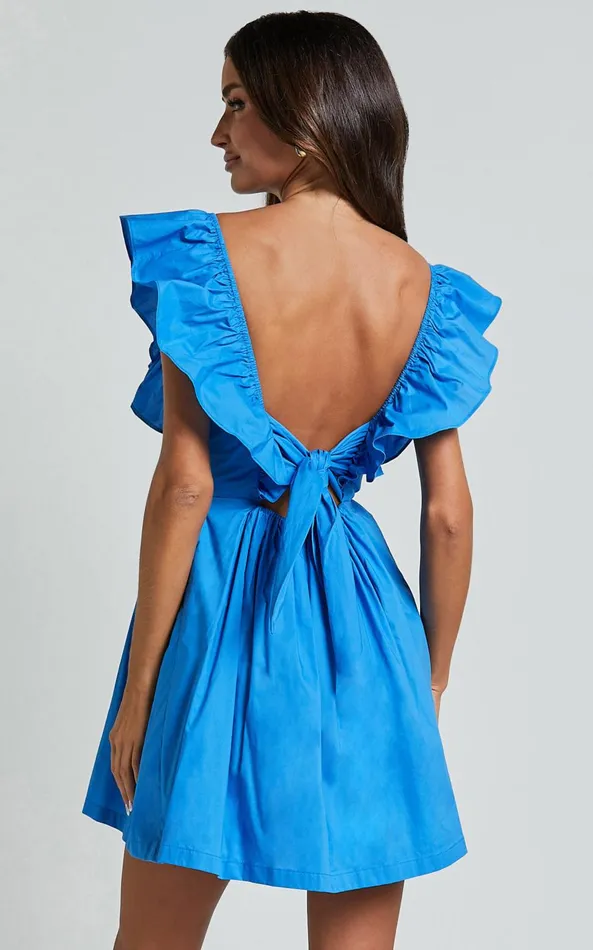 Showpo Raiza Mini Dress 8211 Ruffle Sleeve Tie Back Plunge Dress In Blue Women Dresses