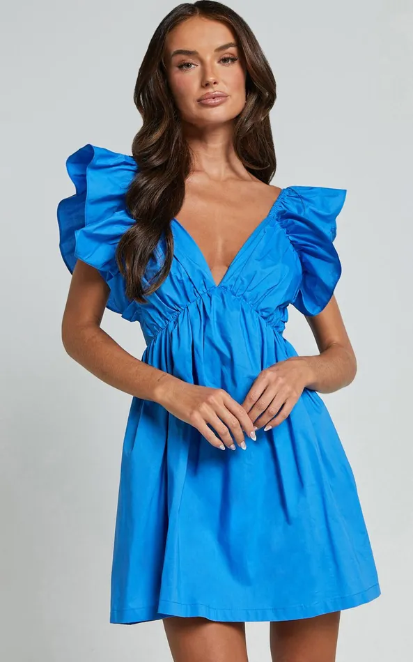 Showpo Raiza Mini Dress 8211 Ruffle Sleeve Tie Back Plunge Dress In Blue Women Dresses