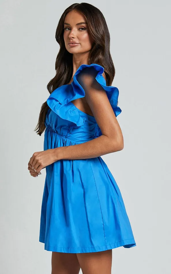 Showpo Raiza Mini Dress 8211 Ruffle Sleeve Tie Back Plunge Dress In Blue Women Dresses