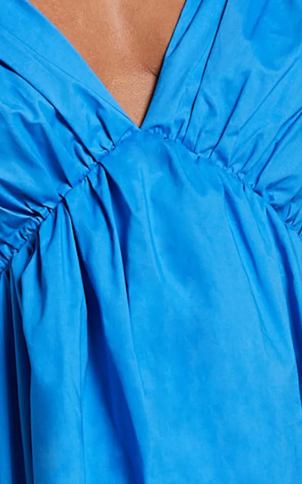 Showpo Raiza Mini Dress 8211 Ruffle Sleeve Tie Back Plunge Dress In Blue Women Dresses