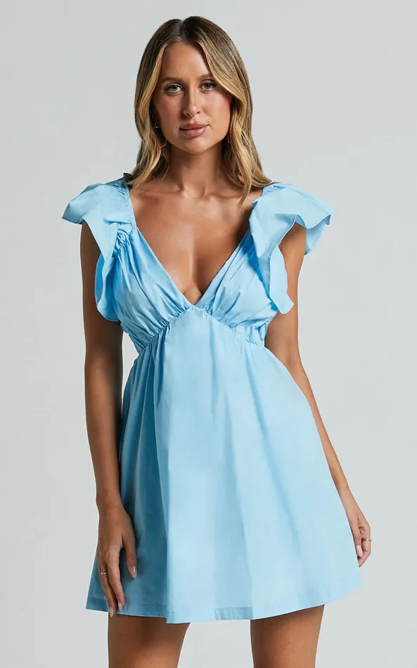 Showpo Raiza Mini Dress 8211 Ruffle Sleeve Tie Back Plunge Dress In Bright Blue Women Dresses
