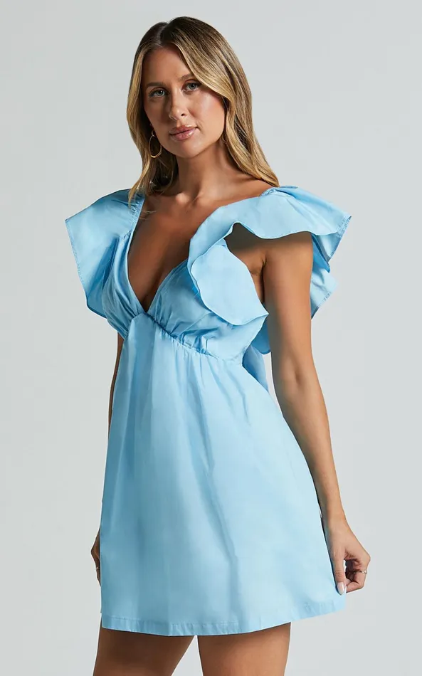 Showpo Raiza Mini Dress 8211 Ruffle Sleeve Tie Back Plunge Dress In Bright Blue Women Dresses