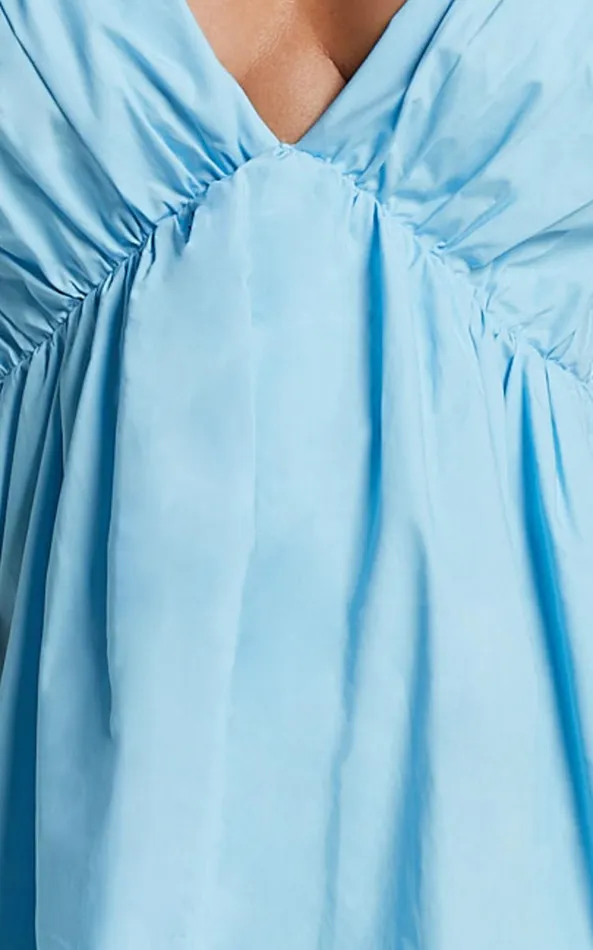Showpo Raiza Mini Dress 8211 Ruffle Sleeve Tie Back Plunge Dress In Bright Blue Women Dresses
