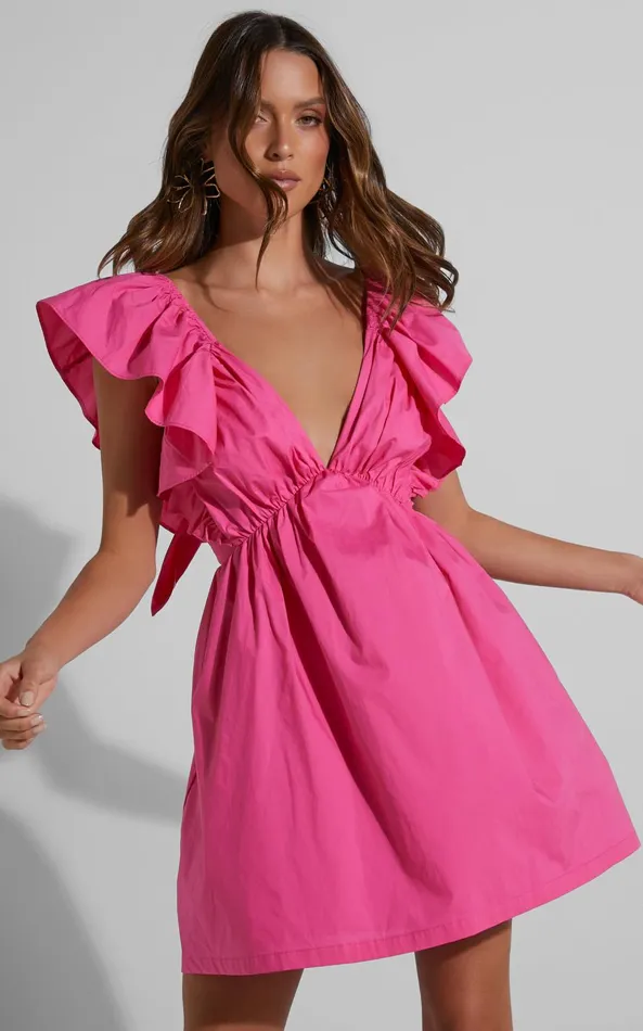 Showpo Raiza Mini Dress 8211 Ruffle Sleeve Tie Back Plunge Dress In Fuchsia Women Curve Clothes Showpo Raiza Mini Dress 8211 Ruffle Sleeve Tie Back Plunge Dress In Fuchsia Women Curve Clothes