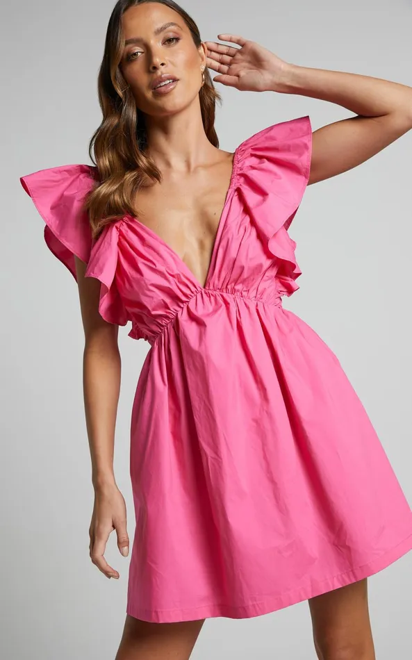 Showpo Raiza Mini Dress 8211 Ruffle Sleeve Tie Back Plunge Dress In Fuchsia Women Curve Clothes Showpo Raiza Mini Dress 8211 Ruffle Sleeve Tie Back Plunge Dress In Fuchsia Women Curve Clothes