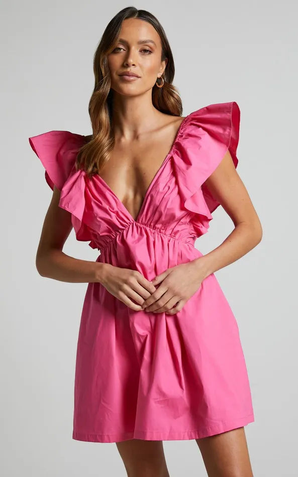 Showpo Raiza Mini Dress 8211 Ruffle Sleeve Tie Back Plunge Dress In Fuchsia Women Curve Clothes Showpo Raiza Mini Dress 8211 Ruffle Sleeve Tie Back Plunge Dress In Fuchsia Women Curve Clothes