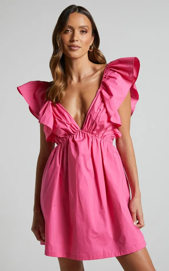 Showpo Raiza Mini Dress 8211 Ruffle Sleeve Tie Back Plunge Dress In Fuchsia Women Curve Clothes Showpo Raiza Mini Dress 8211 Ruffle Sleeve Tie Back Plunge Dress In Fuchsia Women Curve Clothes