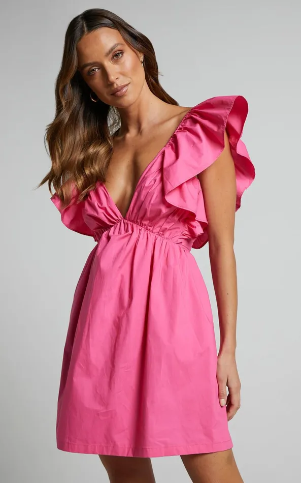 Showpo Raiza Mini Dress 8211 Ruffle Sleeve Tie Back Plunge Dress In Fuchsia Women Curve Clothes Showpo Raiza Mini Dress 8211 Ruffle Sleeve Tie Back Plunge Dress In Fuchsia Women Curve Clothes