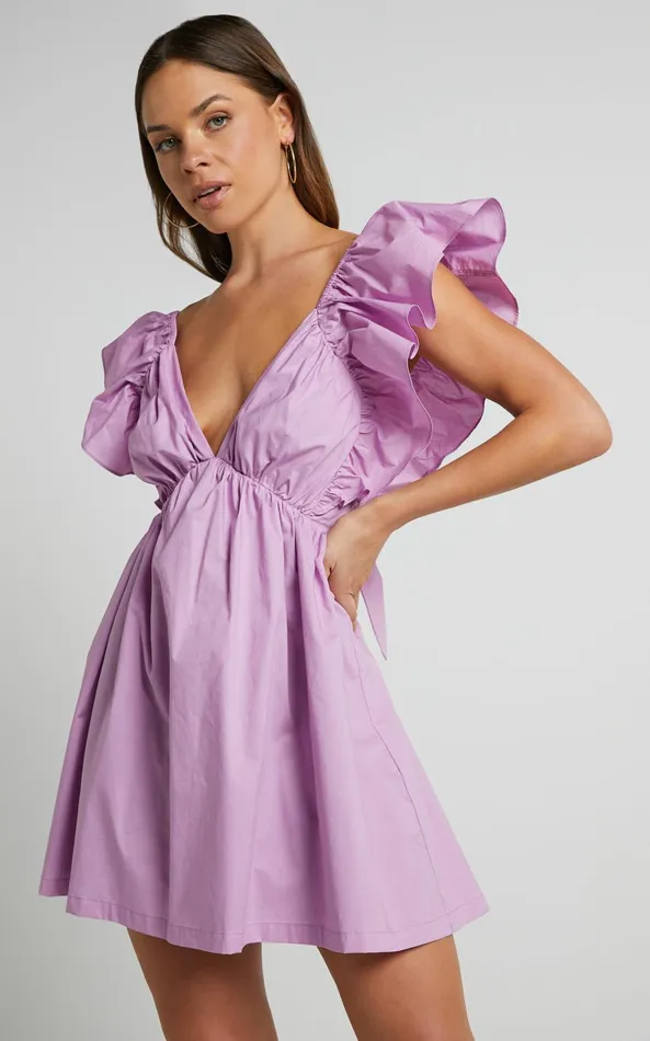 Showpo Raiza Mini Dress 8211 Ruffle Sleeve Tie Back Plunge Dress In Lilac Women Curve Clothes Showpo Raiza Mini Dress 8211 Ruffle Sleeve Tie Back Plunge Dress In Lilac Women Curve Clothes