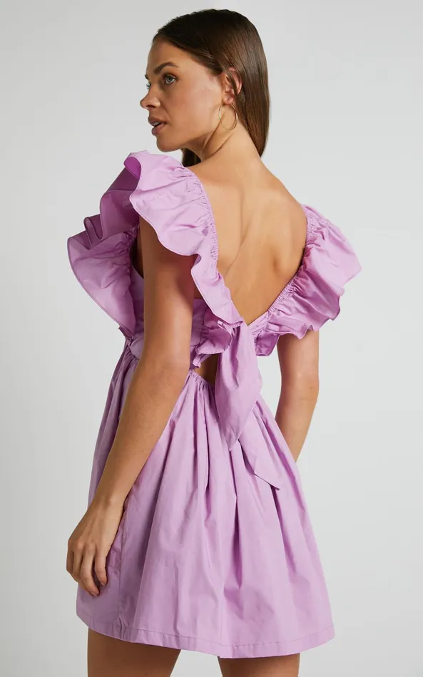 Showpo Raiza Mini Dress 8211 Ruffle Sleeve Tie Back Plunge Dress In Lilac Women Curve Clothes