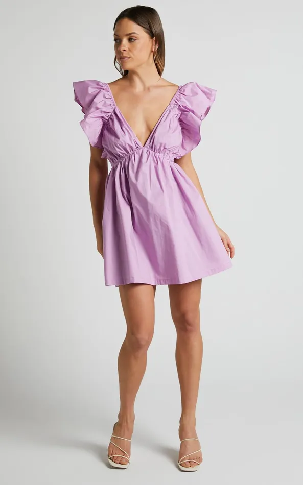 Showpo Raiza Mini Dress 8211 Ruffle Sleeve Tie Back Plunge Dress In Lilac Women Curve Clothes