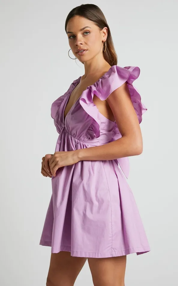 Showpo Raiza Mini Dress 8211 Ruffle Sleeve Tie Back Plunge Dress In Lilac Women Curve Clothes