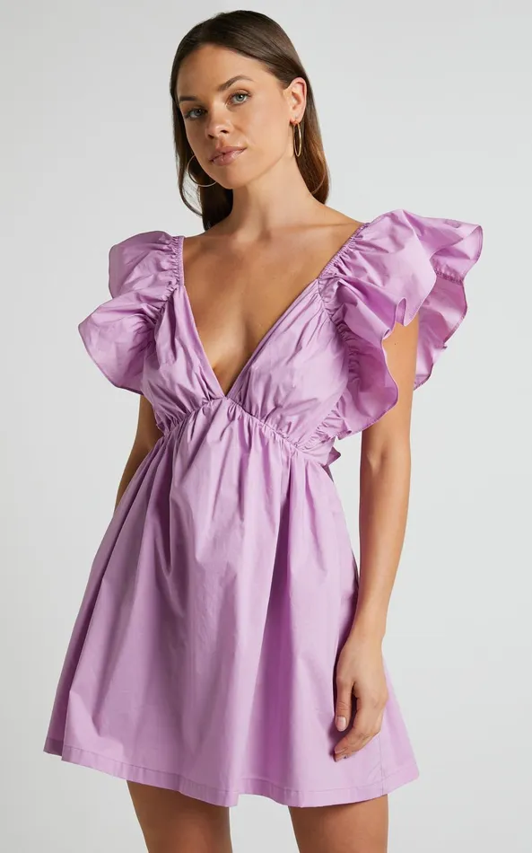 Showpo Raiza Mini Dress 8211 Ruffle Sleeve Tie Back Plunge Dress In Lilac Women Curve Clothes
