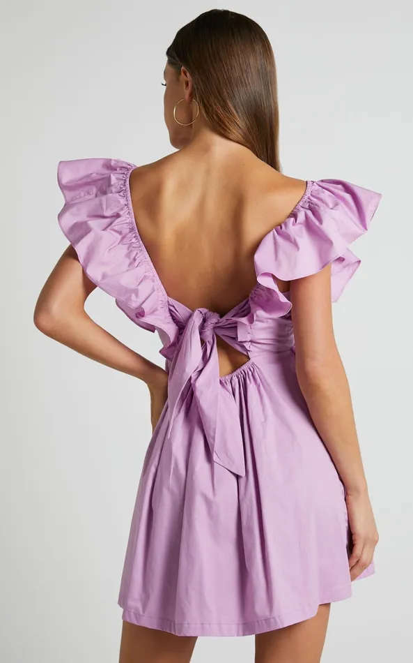 Showpo Raiza Mini Dress 8211 Ruffle Sleeve Tie Back Plunge Dress In Lilac Women Curve Clothes