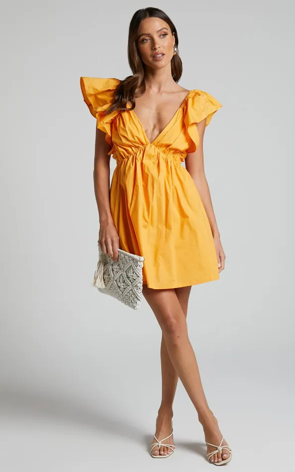 Showpo Raiza Mini Dress 8211 Ruffle Sleeve Tie Back Plunge Dress In Marigold Women Dresses