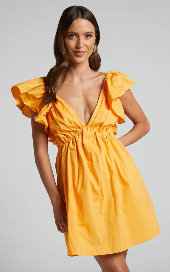 Showpo Raiza Mini Dress 8211 Ruffle Sleeve Tie Back Plunge Dress In Marigold Women Dresses