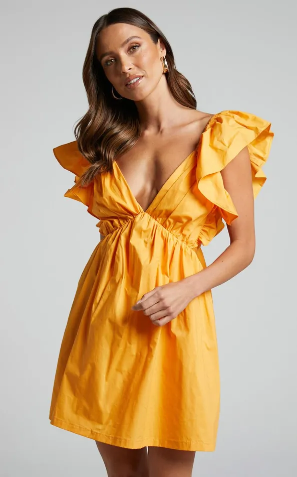 Showpo Raiza Mini Dress 8211 Ruffle Sleeve Tie Back Plunge Dress In Marigold Women Dresses