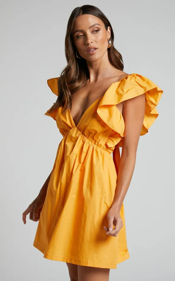Showpo Raiza Mini Dress 8211 Ruffle Sleeve Tie Back Plunge Dress In Marigold Women Dresses