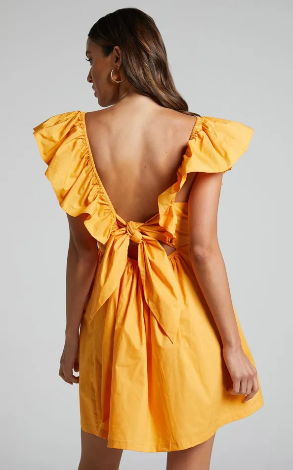 Showpo Raiza Mini Dress 8211 Ruffle Sleeve Tie Back Plunge Dress In Marigold Women Dresses
