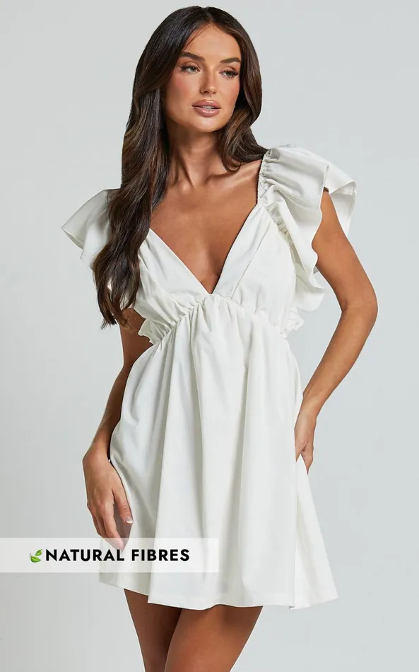 Showpo Raiza Mini Dress 8211 Ruffle Sleeve Tie Back Plunge Dress In Off White Women Curve Clothes Showpo Raiza Mini Dress 8211 Ruffle Sleeve Tie Back Plunge Dress In Off White Women Curve Clothes