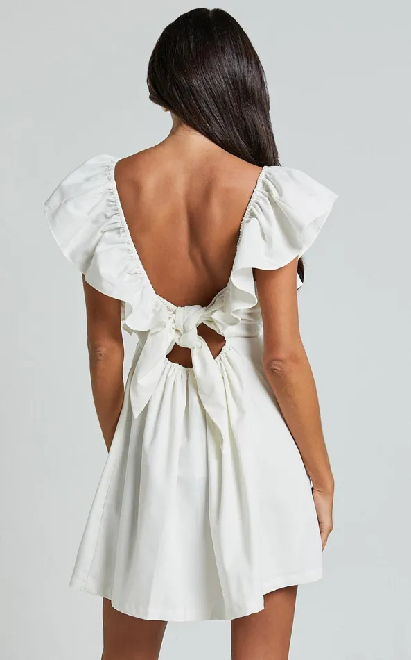 Showpo Raiza Mini Dress 8211 Ruffle Sleeve Tie Back Plunge Dress In Off White Women Curve Clothes
