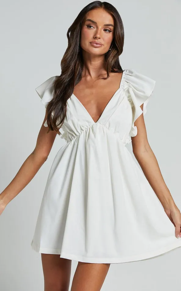 Showpo Raiza Mini Dress 8211 Ruffle Sleeve Tie Back Plunge Dress In Off White Women Curve Clothes