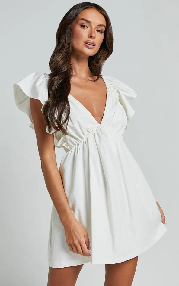 Showpo Raiza Mini Dress 8211 Ruffle Sleeve Tie Back Plunge Dress In Off White Women Curve Clothes