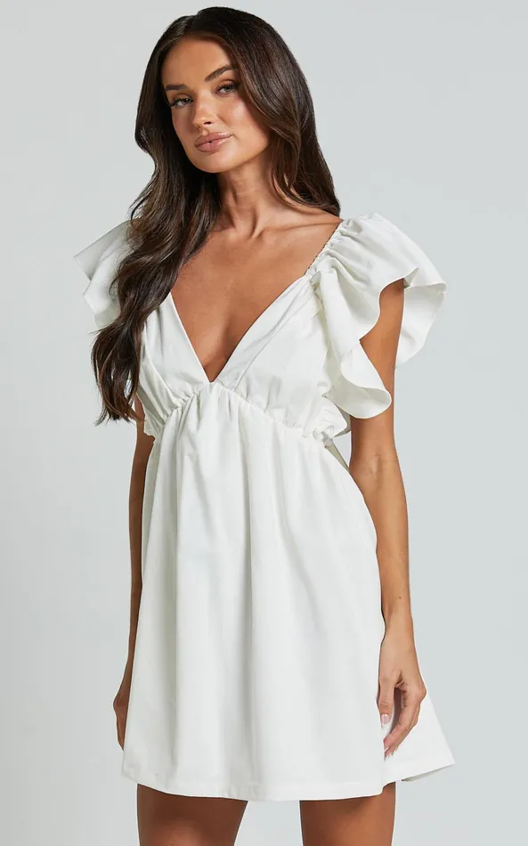 Showpo Raiza Mini Dress 8211 Ruffle Sleeve Tie Back Plunge Dress In Off White Women Curve Clothes