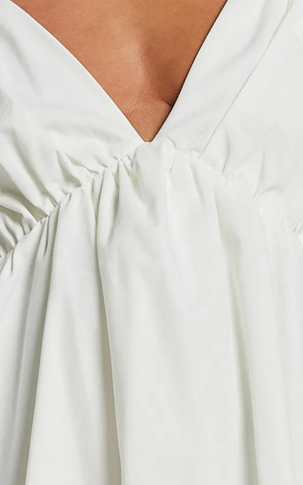 Showpo Raiza Mini Dress 8211 Ruffle Sleeve Tie Back Plunge Dress In Off White Women Curve Clothes