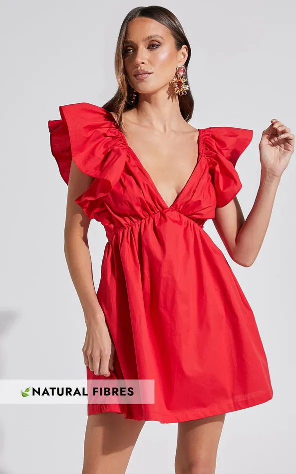 Showpo Raiza Mini Dress 8211 Ruffle Sleeve Tie Back Plunge Dress In Red Women Curve Clothes Showpo Raiza Mini Dress 8211 Ruffle Sleeve Tie Back Plunge Dress In Red Women Curve Clothes