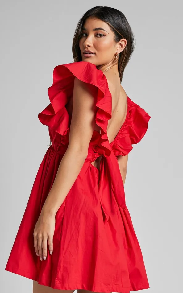 Showpo Raiza Mini Dress 8211 Ruffle Sleeve Tie Back Plunge Dress In Red Women Curve Clothes