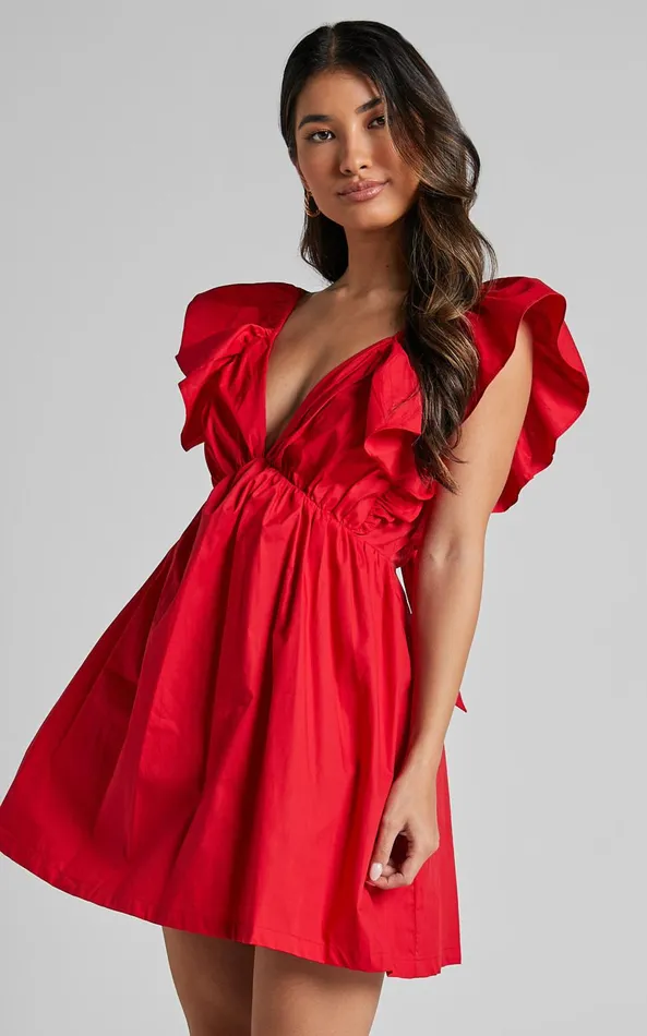 Showpo Raiza Mini Dress 8211 Ruffle Sleeve Tie Back Plunge Dress In Red Women Curve Clothes