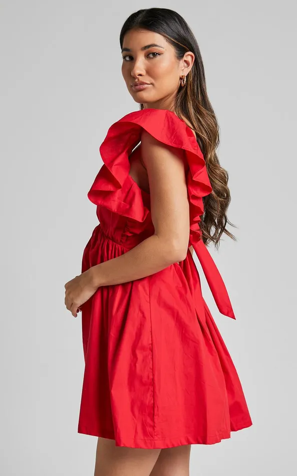 Showpo Raiza Mini Dress 8211 Ruffle Sleeve Tie Back Plunge Dress In Red Women Curve Clothes